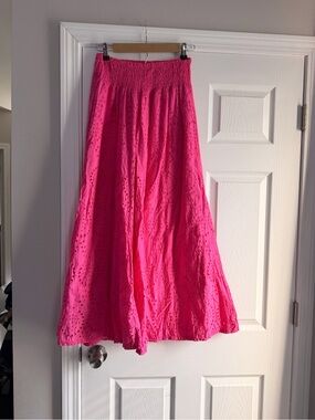 Bright Pink Wide-Leg Eyelet Pants with Smocked Waist